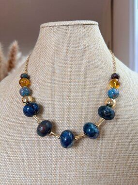 Ocean Agate Statement Necklace | 18mm Beads | Blue & Gold Handmade